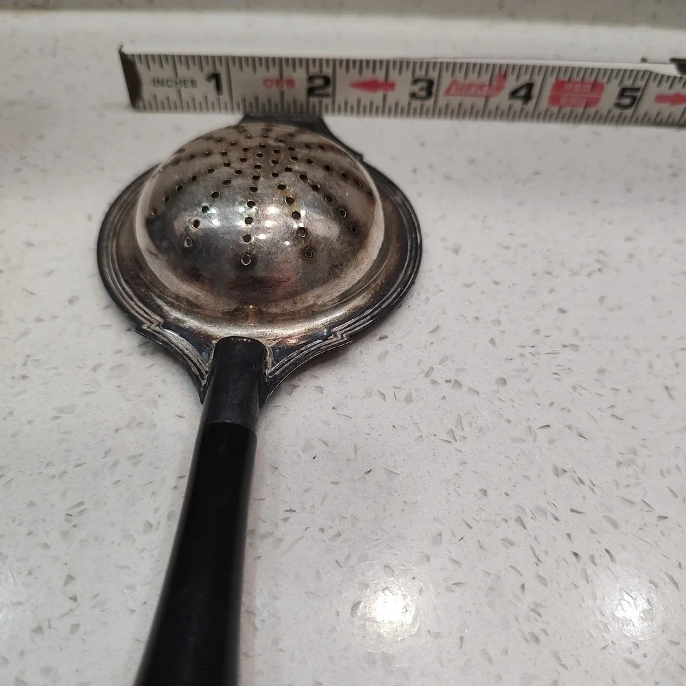 Silver Plated Tea Strainer Spoon Wooden Handle Ornate Mid Century Cottage Core